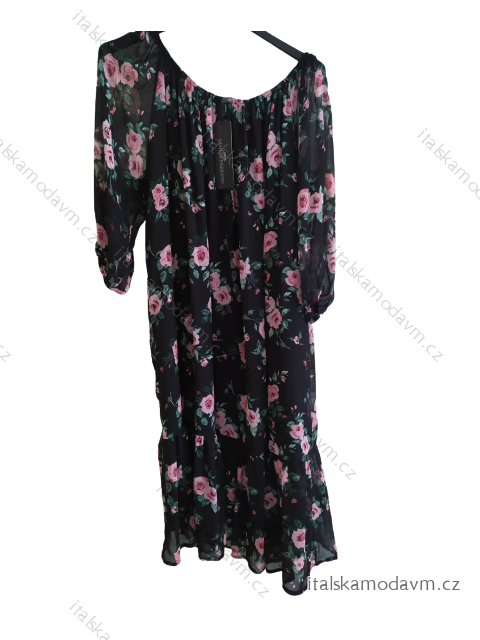 Šaty šifonové carmen 3/4 rukáv dámské nadrozměr (2XL/3XL ONE SIZE) POLSKÁ MÓDA PMLSF22LUCIA/DU1 černá kytka