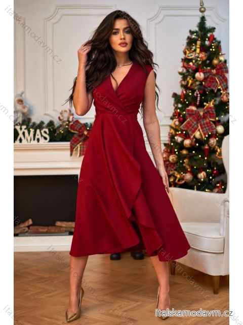 Šaty elegantní společenské bez rukávu dámské nadrozměr (36-52) POLSKÁ MÓDA PMLBF23ID3560 vínová 36