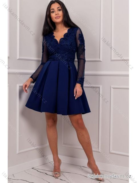 Šaty elegantní společenské dlouhý rukáv dámské nadrozměr (36-52) POLSKÁ MÓDA PMLBF23ID2741 tmavo modrá 38