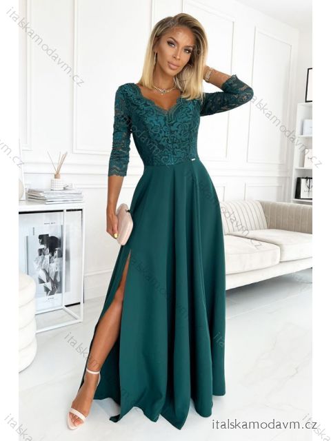 Šaty elegantní společenské krajkové dlouhé 3/4 rukávy Amber (S-2XL) POLSKÁ MÓDA NMC-309-5/DU zelená S