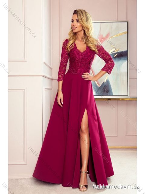 Šaty elegantné krajkové dlhé 3/4 rukávy (S-2XL) TALIANSKA MÓDA NMC-309-1/DU vínová L