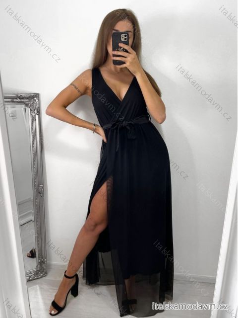 Šaty spoločenské plesové dlhé bez rukávu dámske (S/M ONE SIZE) TALIANSKA MÓDA IMM23FL4454/DU S/M čierna