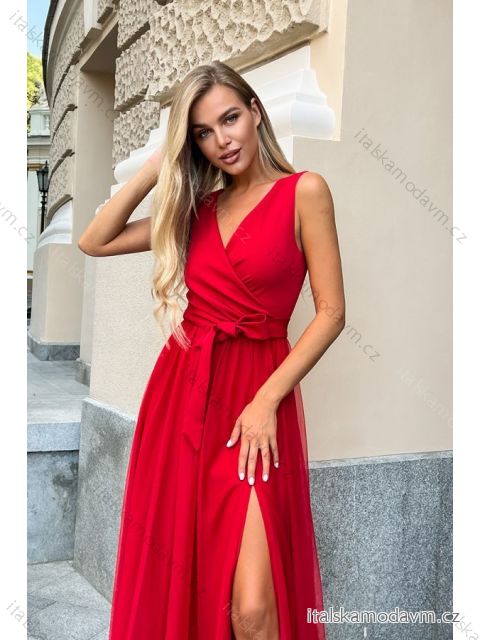 Šaty dlhé elegantné spoločenské bez rukávu dámske nadrozmer (42-48) POLSKÁ MÓDA PMLBC23248-02A červená 40