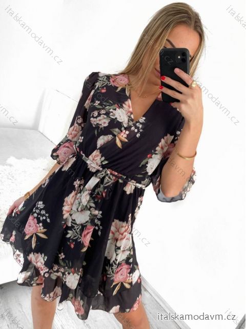 Šaty elegantní 3/4 dlouhý rukáv dámské (S/M ONE SIZE) ITALSKÁ MÓDA IMM23EL2864/DUR S/M Černá