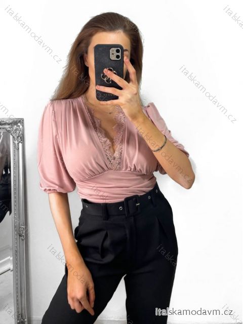 Top s krajkou krátký rukáv dámský (S/M ONE SIZE) ITALSKÁ MÓDA IMM2327419/DU S/M starorůžová