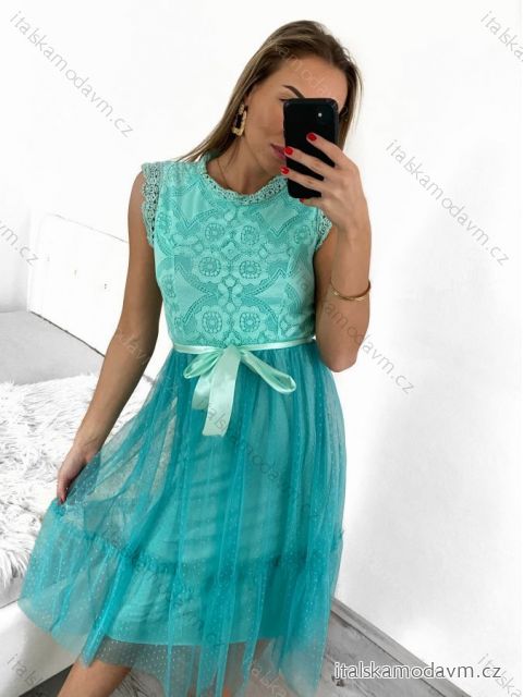 Šaty elegantné tylové s čipkou bez rukávov dámske (S/M ONE SIZE) TALIANSKA MÓDA IMM239662/DU S/M mintova