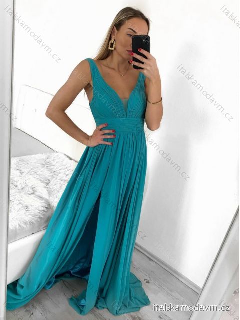 Šaty spoločenské dlhé na ramienka dámske (S/M ONE SIZE) TALIANSKA MÓDA IMPSH2260031/DU tyrkysová