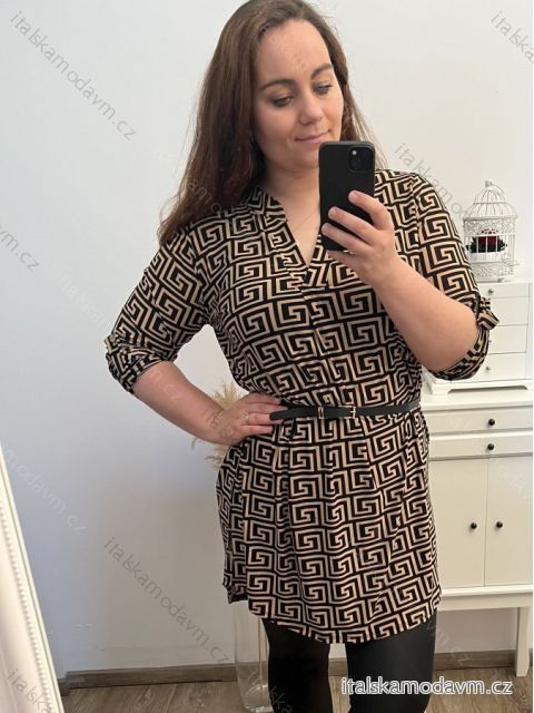 Šaty/tunika košilová s páskem krátký rukáv dámské (S/M/L/XL/2XL/3XL ONE SIZE) ITALSKá MóDA IM322298