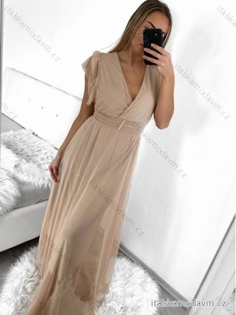 Šaty dlouhé společenské krátký rukáv dámské (S/M ONE SIZE) ITALSKÁ MODA IMM23M24081/DUR S/M béžová