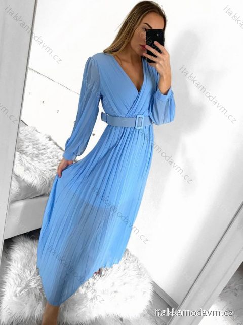 Šaty dlouhé elegantní skládáné šifonové s páskem dlouhý rukáv dámské (S/M ONE SIZE) ITALSKÁ MÓDA IMWGB231009/DU
