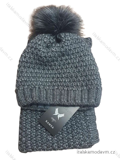 Souprava čepice a nákrčník zimní dámská (ONE SIZE) POLSKÁ VÝROBA  VELIO PVF22K22064/D Tmavě Šedá ONE SIZE