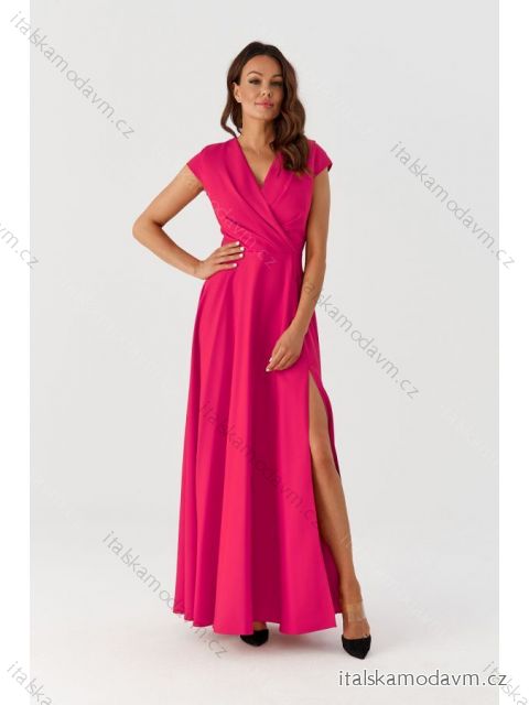 Šaty dlouhé společenské krátký rukáv dámské (36-56) POLSKÁ MÓDA PMLMR23AFRODYTA-1 tmavo ružová 36