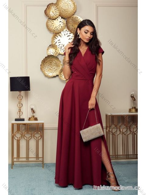 Šaty dlhé spoločenské krátky rukáv dámske (36-56) POLSKÁ MÓDA PMLMR23AFRODYTA-6 vínová 38
