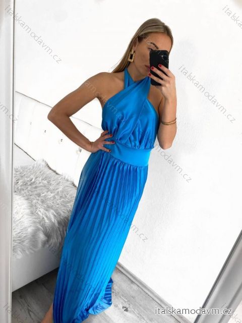 Šaty dlouhé elegantní skládané bez rukávu dámské (S/M ONE SIZE) ITALSKÁ MÓDA IMPGM2322112/DU S/M modrá