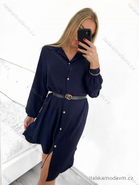 Šaty košilové s páskem dlouhý rukáv dámské (S/M ONE SIZE) ITALSKá MóDA IM423150/DU S/M tmavě modrá
