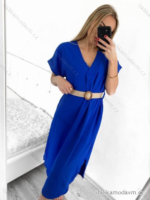 Šaty letné dlhé s opaskom krátky rukáv dámske (S/M ONE SIZE) TALIANSKA MÓDA IMM23M7363/DU S/M kráľovská modrá