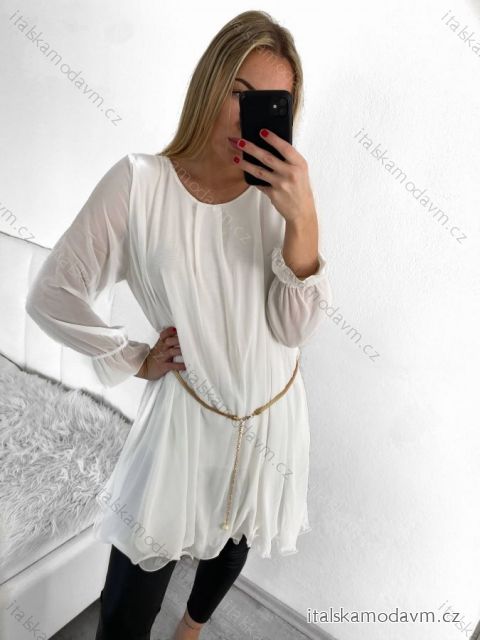 Šaty letní šifonové s páskem dlouhý rukáv dámské (S/M ONE SIZE) ITALSKÁ MÓDA IMW2330281/DU S/M bílá
