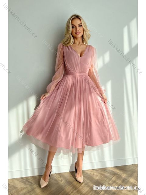 Šaty elegantní společenské dlouhý rukáv dámské (34-44) POLSKÁ MÓDA PMLBC23269-20 růžová 34