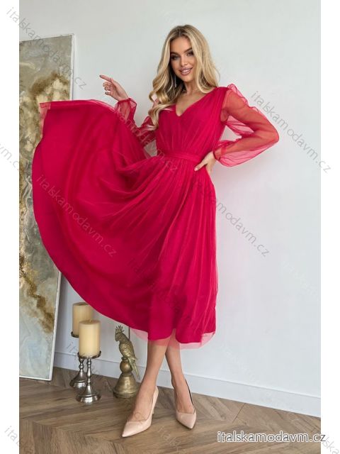 Šaty elegantní společenské dlouhý rukáv dámské (34-44) POLSKÁ MÓDA PMLBC23269-07A fuchsiová 36