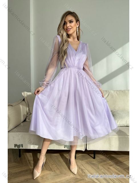 Šaty elegantní společenské dlouhý rukáv dámské (34-44) POLSKÁ MÓDA PMLBC23269-50 světle fialová 34