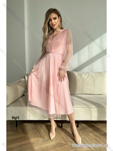 Šaty elegantné spoločenské dlhý rukáv dámske (34-44) POLSKÁ MÓDA PMLBC23269-12 svetlo ružová 34
