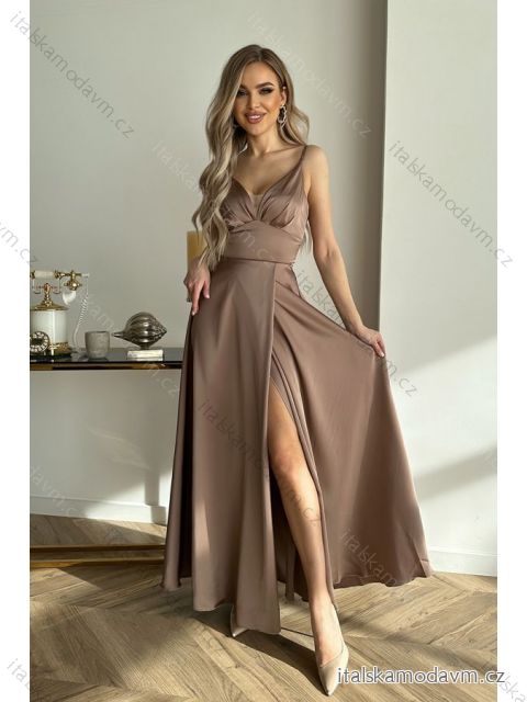 Šaty dlhé elegantné na ramínka  dámske (34-40) POLSKÁ MÓDA PMLBC23282-14 hnedá 38