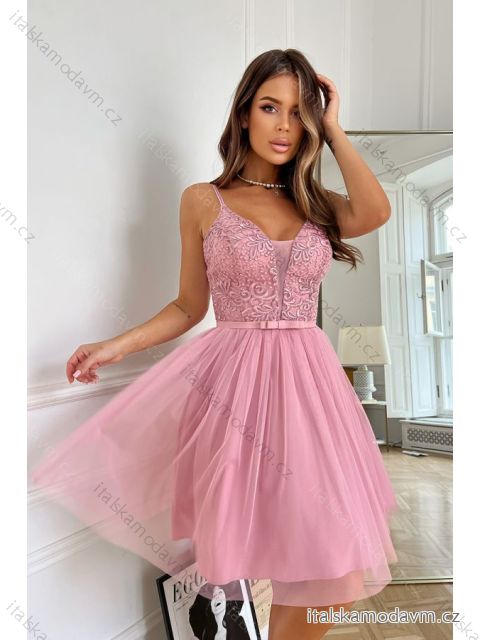 Šaty elegantní společenské na ramínka dámské (34-40) POLSKÁ MÓDA PMLBC23285-20 růžová 34