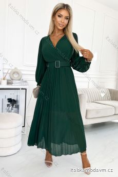 414-1 KLARA řasené šaty s páskem a výstřihem - lahvově zelená
