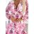 433-1 GAJA Plisované midi šaty s výstřihem a dlouhými rukávy - růžové květy na bílém pozadí