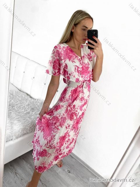 Šaty dlouhé skládané šifonové s páskem krátký rukáv dámské (S/M ONE SIZE) ITALSKá MóDA IM42311331/DR S/M růžová