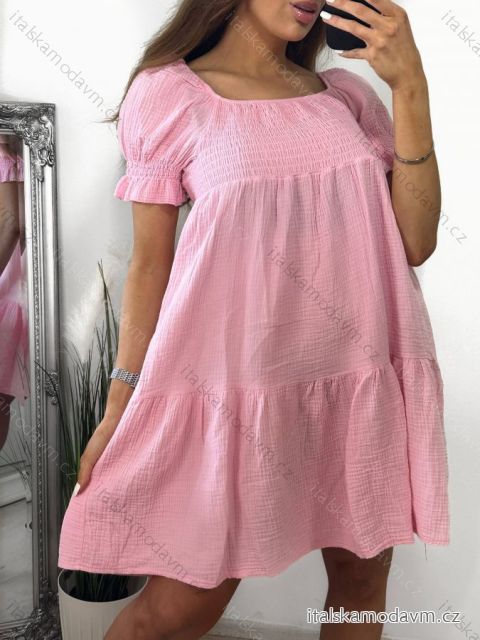 Šaty letní se žabičkováním carmen krátký rukáv dámské (S/M ONE SIZE) ITALSKÁ MÓDA IMC23253/DU