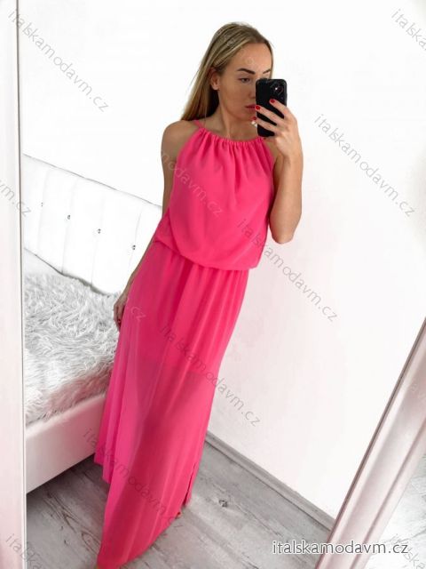 Šaty dlouhé na ramínka letní šifonové bez rukávu dámské (S/M/L ONE SIZE) ITALSKÁ MÓDA IMWB22049/DR M/L růžová