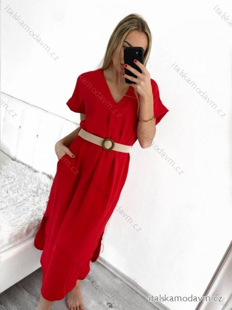 Šaty letní dlouhé s páskem krátký rukáv dámské (S/M ONE SIZE) ITALSKÁ MÓDA IMM23M7363/DUR S/M červená