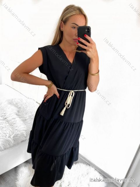 Šaty letní s páskem krátký rukáv dámské (S/M ONE SIZE) ITALSKÁ MÓDA IMM23M7739/DUR S/M Černá