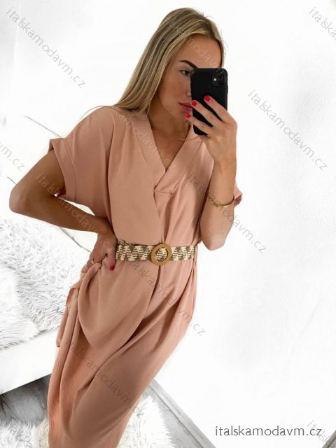 Šaty letní s páskem krátký rukáv dámské (S/M/L ONE SIZE) ITALSKÁ MÓDA IMWA222563/DUR světle růžová
