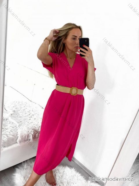 Šaty krátký rukáv s páskem dámské nadrozměr (M/L/XL ONE SIZE) ITALSKá MóDA IM423BELT/DUR L/XL tmavě růžová