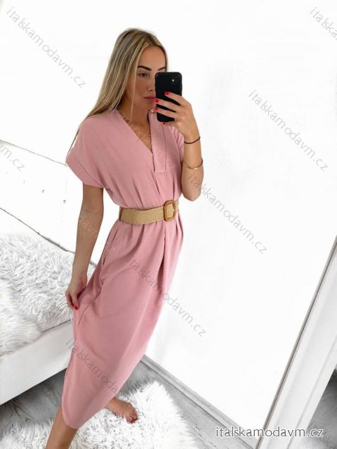 Šaty krátký rukáv s páskem dámské nadrozměr (M/L/XL ONE SIZE) ITALSKá MóDA IM423BELT/DUR L/XL starorůžová