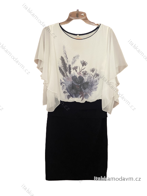 Šaty elegantní společenské krátký rukáv dámské nadrozměr (40-50) POLSKÁ MÓDA PMF23BLAU/DU 42 modro-bíla