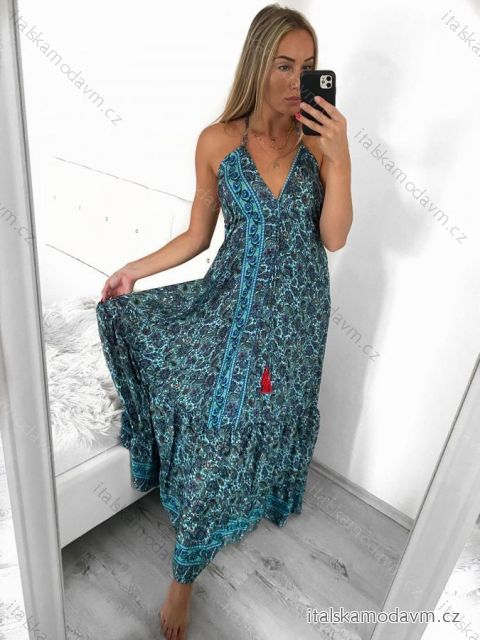 Šaty dlhé letné na ramienka dámske (S/M ONE SIZE) INDICKÁ MÓDA IMM23PW5010-3/DU S/M modrá