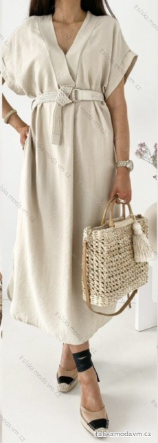 Šaty letní lněné s páskem krátký rukáv dámské (S/M ONE SIZE) ITALSKÁ MÓDA IMWAD232500/DUR