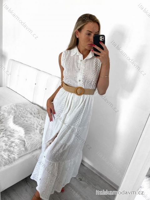 Šaty dlouhé elegantní krajkové košilové s páskem bez rukáv dámské (S/M ONE SIZE) ITALSKÁ MÓDA IMWGB231751/DU S/M bílá