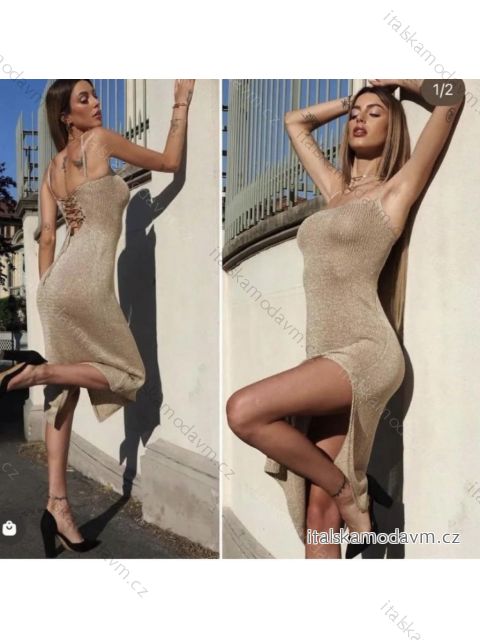 Šaty midi letní pletené na ramínka dámské (S/M ONE SIZE) ITALSKá MóDA IMM23LS1276/DU S/M zlatá