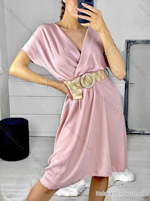Šaty letní s páskem krátký rukáv dámské (S/M/L ONE SIZE) ITALSKÁ MÓDA IM323065/DU M/L starorůžová