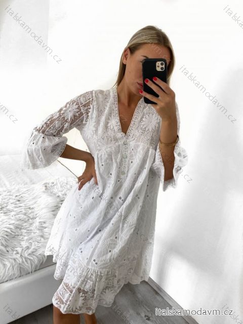 Šaty letní boho krajkové košilové dlouhý rukáv dámské (S/M ONE SIZE) ITALSKÁ MÓDA IM823015/DU S/M bílá