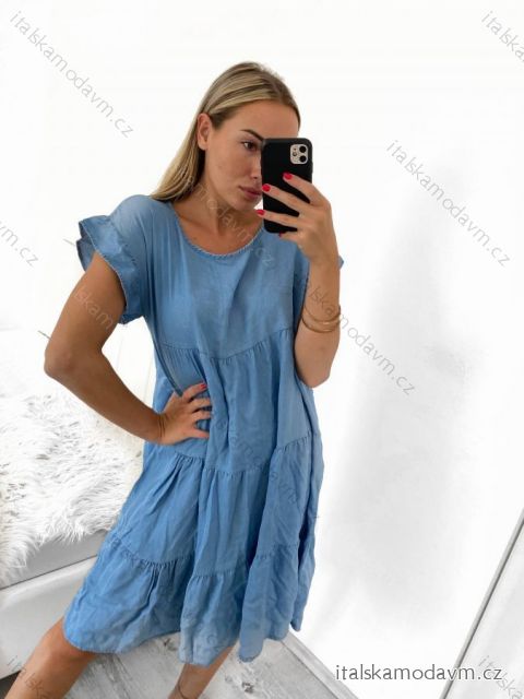 Šaty riflové volnočasové krátký rukáv dámské nadrozměr (M/L/XL ONE SIZE) ITALSKÁ MÓDA IM722148