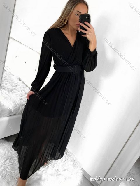 Šaty dlhé elegantné šifónové s opaskom dlhý rukáv dámske (S/M ONE SIZE) TALIANSKA MÓDA IMWGB231009/DUR S/M čierna