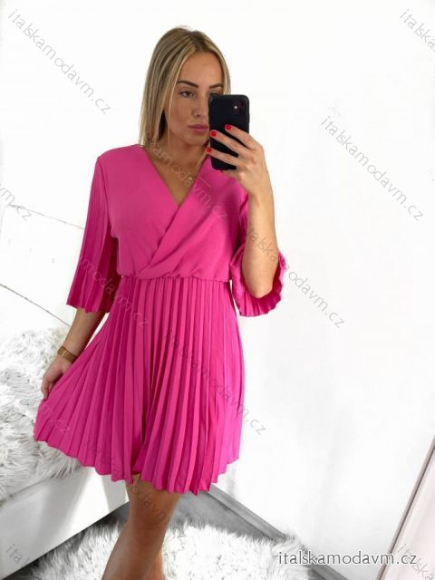 Šaty letní elegantní skládané krátký rukáv dámské (S/M ONE SIZE) ITALSKÁ MÓDA IMWY23200/DU S/M tmavě růžová