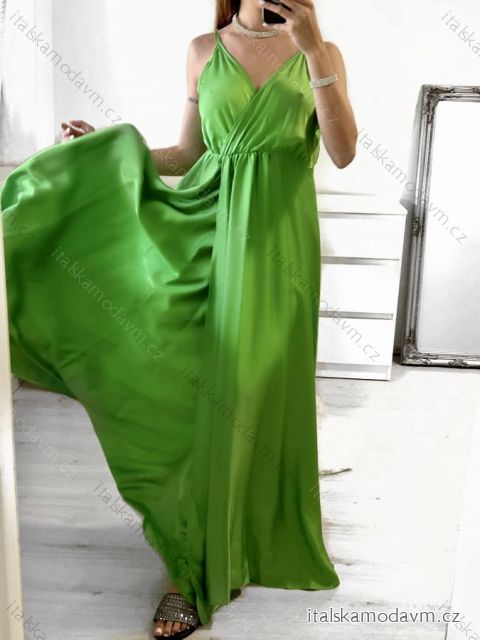 Šaty dlhé letné saténové na ramienka dámske (S/M ONE SIZE) TALIANSKA MÓDA IMM22360/DUR svetlo zelená