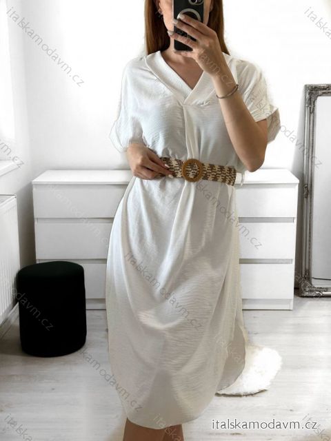 Šaty letní s páskem krátký rukáv dámské (S/M/L/XL ONE SIZE) ITALSKÁ MÓDA IMD23438/DUR bílá