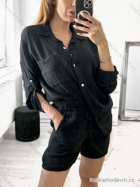 Souprava letní mušelín kraťasy a košile dlouhý rukáv dámské (S/M/L ONE SIZE) ITALSKÁ MÓDA IMWMY23232194/DUR černá